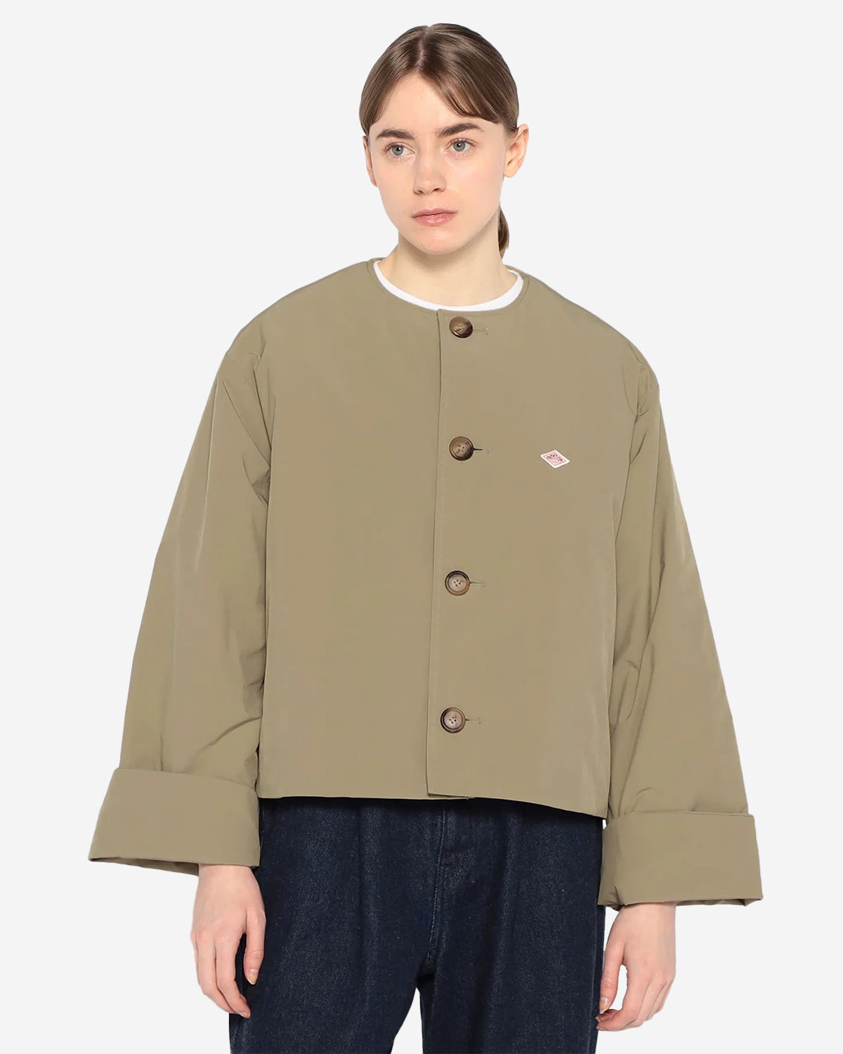 Womens Insulation Collarless Wide Jacket - Beige