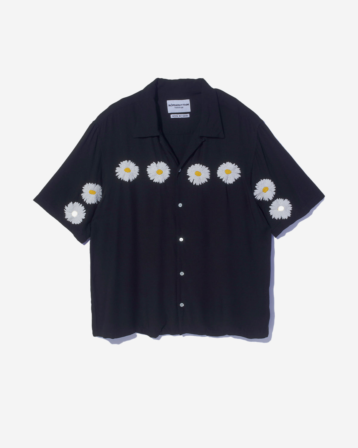 Flower Embroidery Open Collar SS Shirt - Black