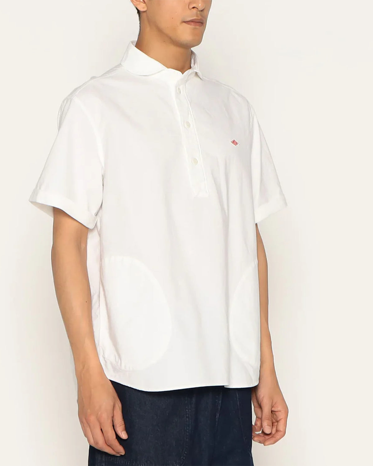 Mens Oxford Round Collar Short Sleeve Pullover Shirt - White