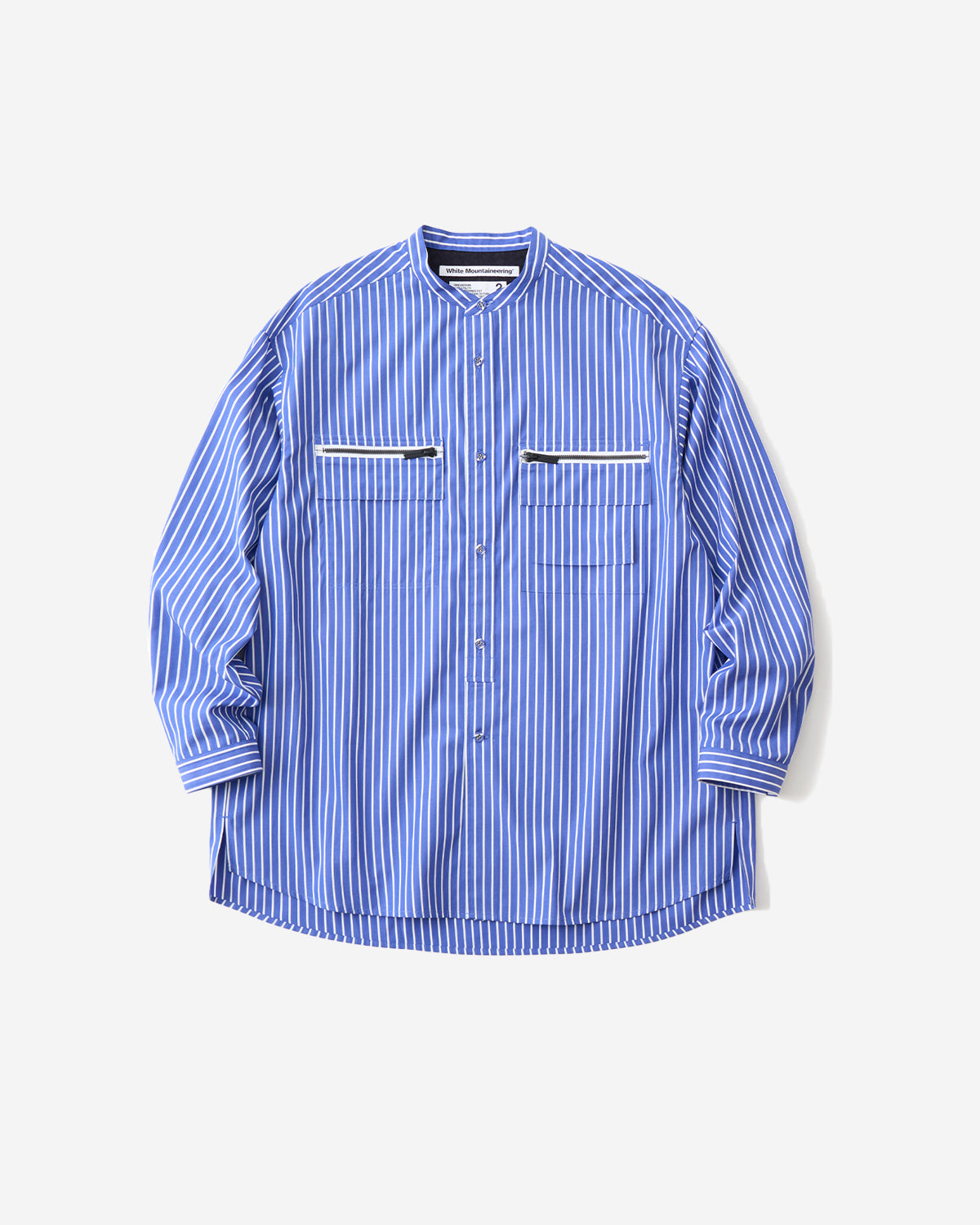 Band Collar Stripe Multi Pocket Shirt - Blue