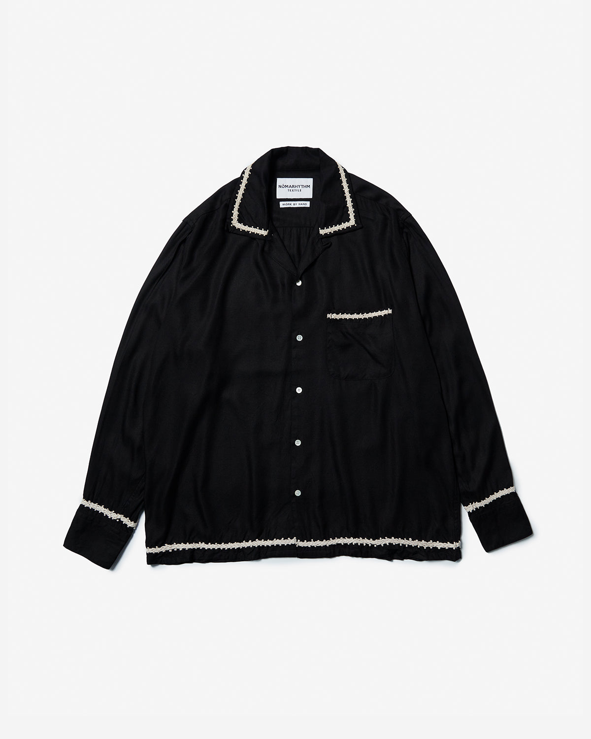 Trim Embroidery Open Collar Shirt - Black