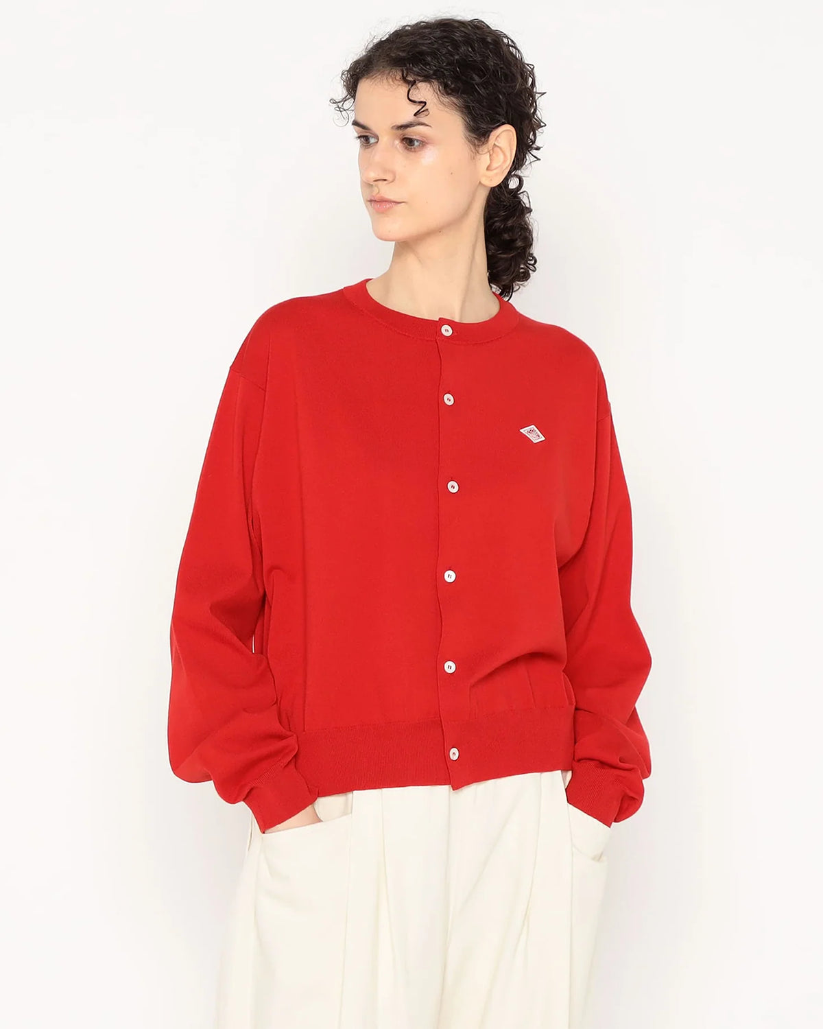 Womens Jersey Knit Crew Neck Cardigan - Red