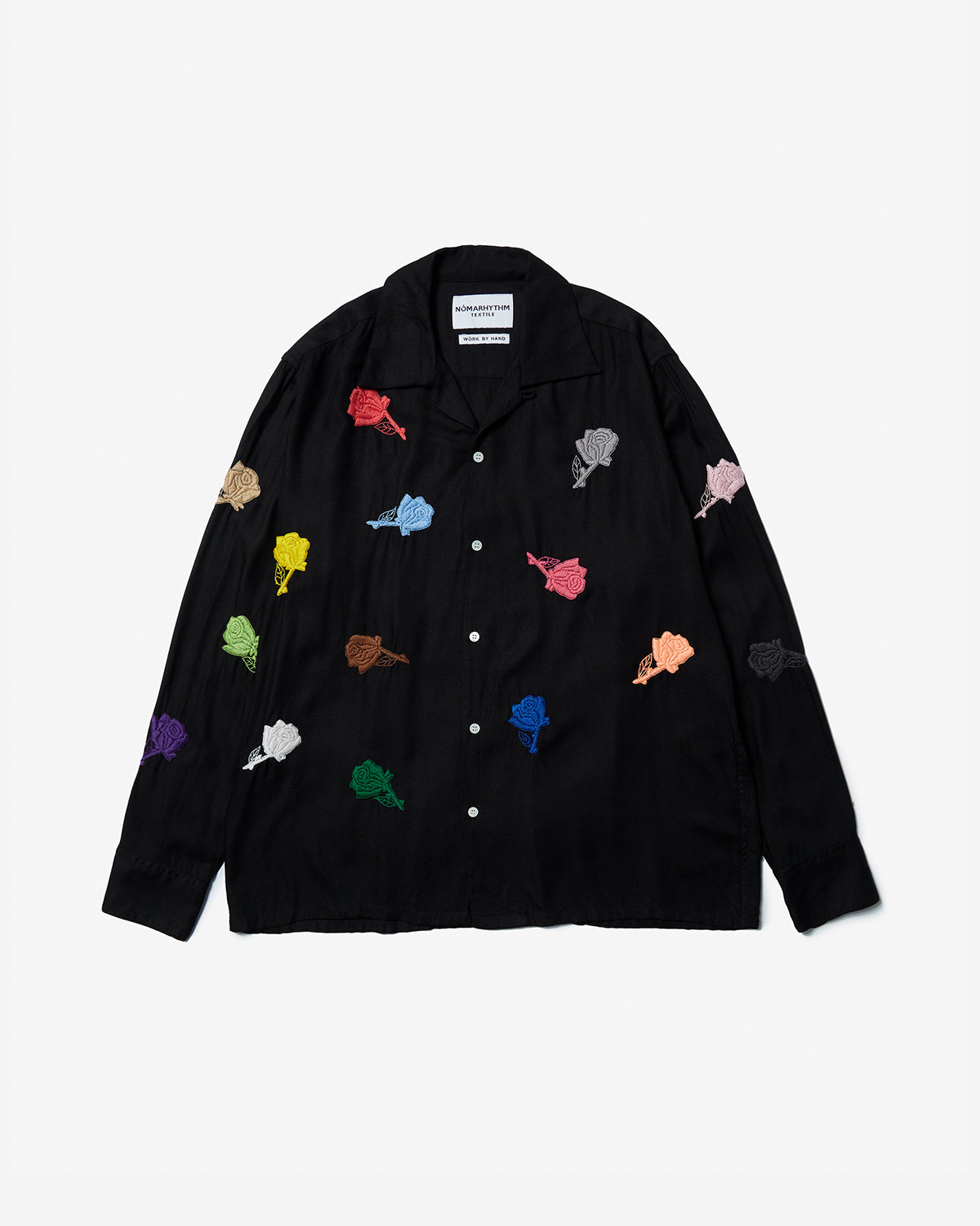 Rose Embroidery Open Collar Shirt - Black