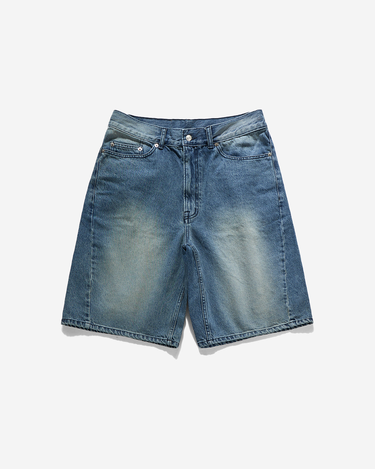 Curved Wide Denim Shorts - Dark Blue