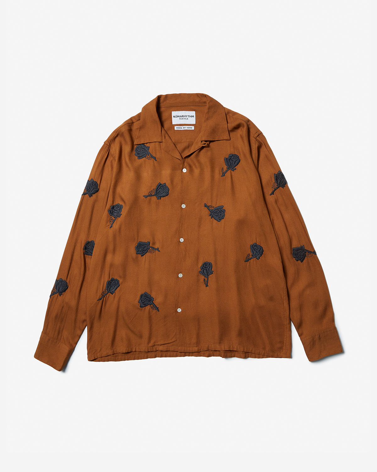 Rose Embroidery Open Collar Shirt - Walnut