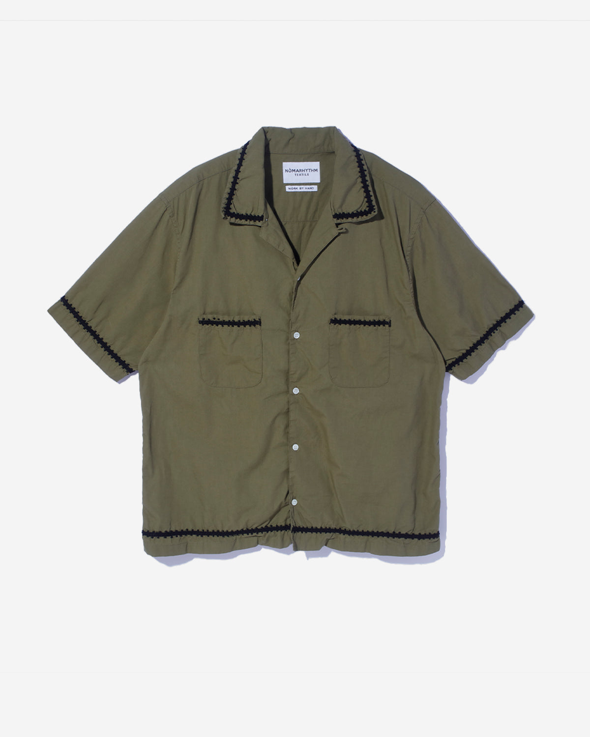Trim Embroidery Open Collar SS Shirt - Olive