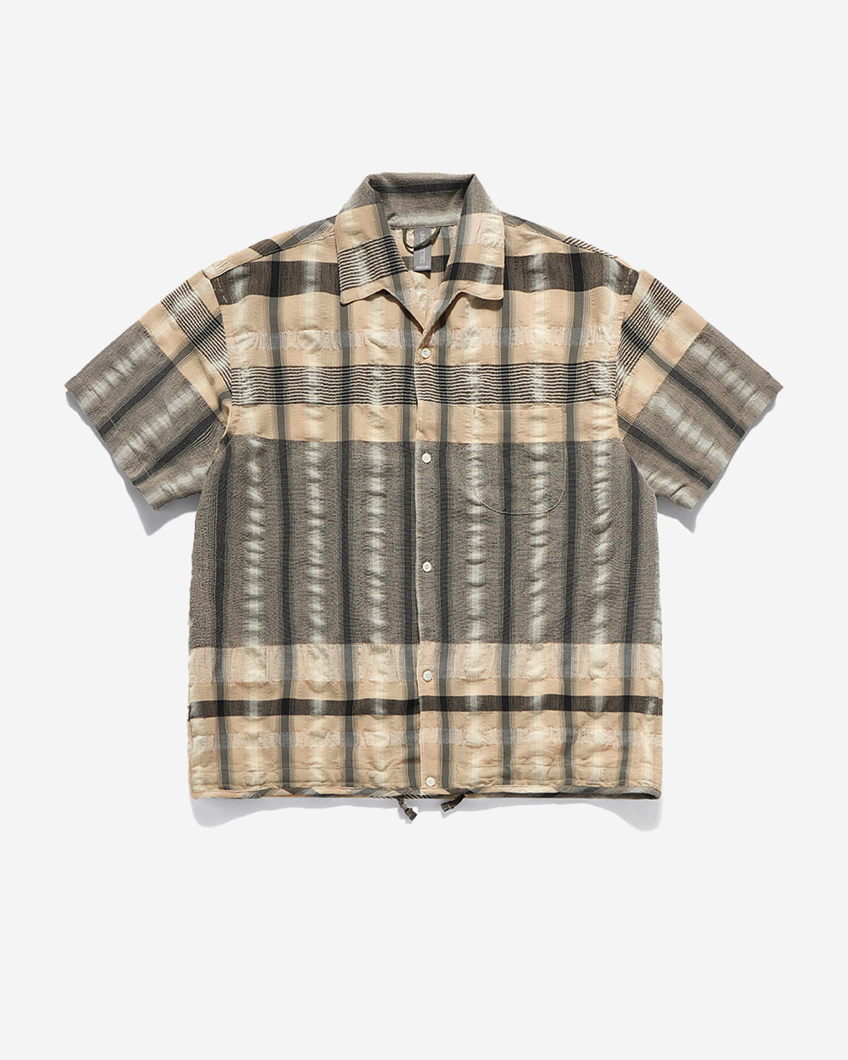 Drawstring Open Collar Shirt - Beige & Black Check