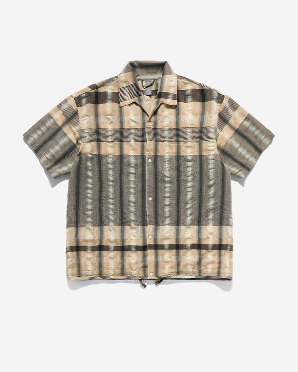 Drawstring Open Collar Shirt - Beige & Black Check