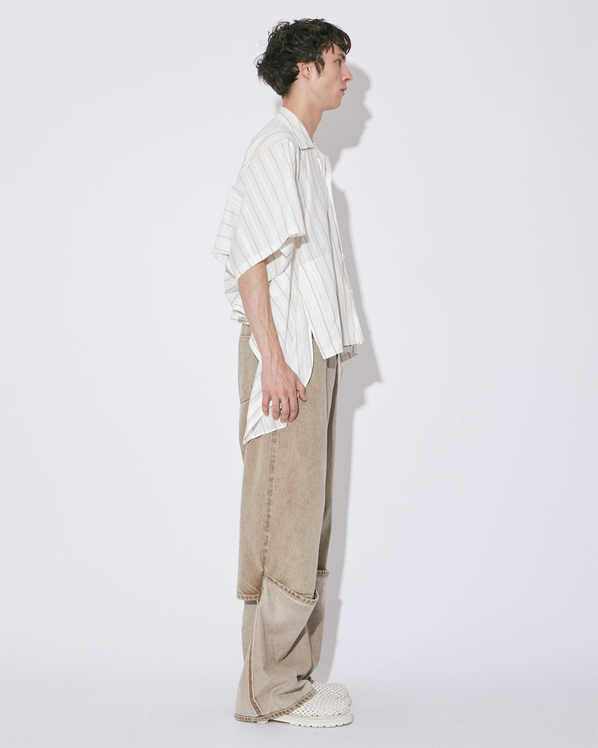 Double End Cotton Silk Jq Stripe Shirt - Ecru × Camel