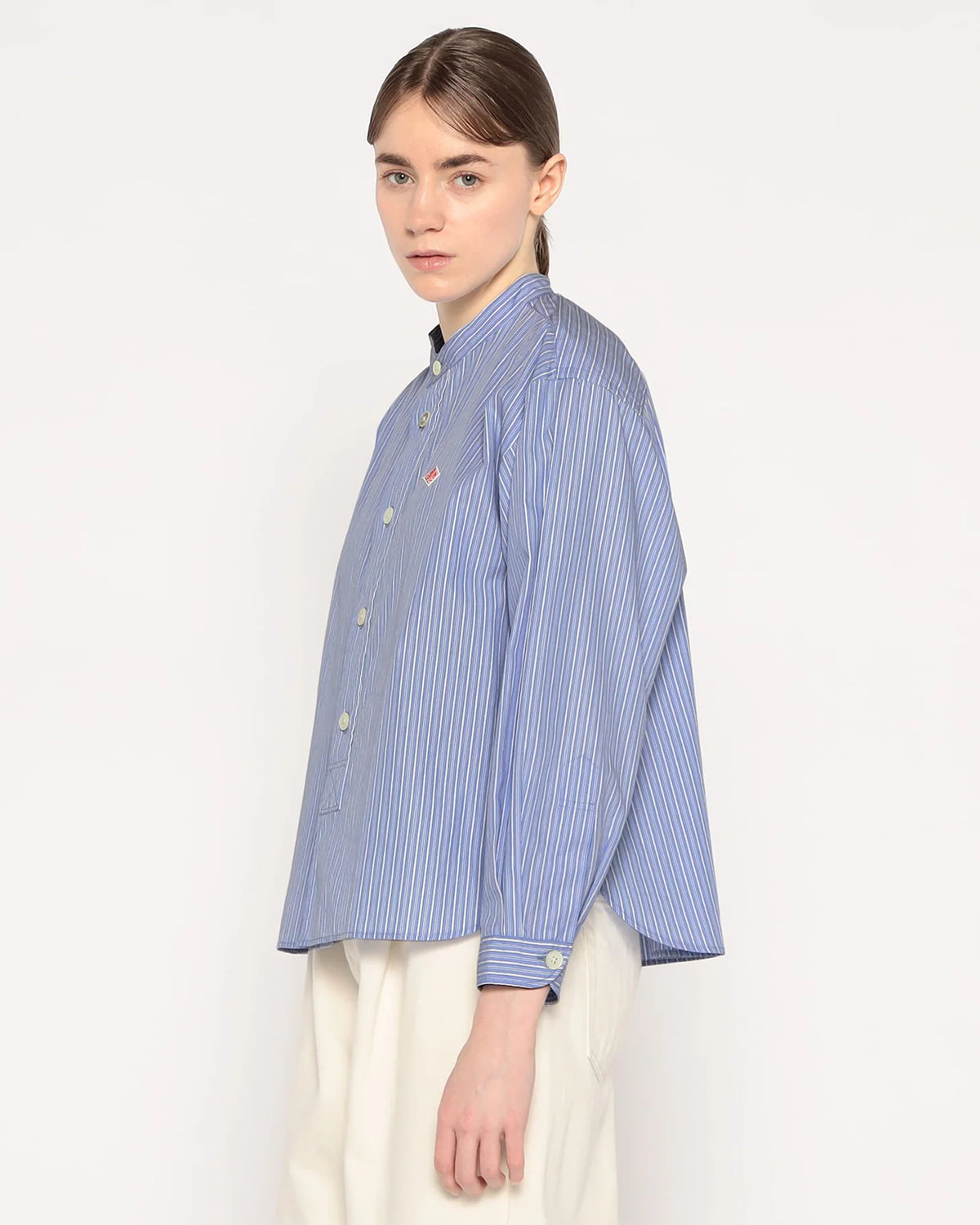 Womens Cotton Poplin Band Collar Shirt - Sax Blue Stripe