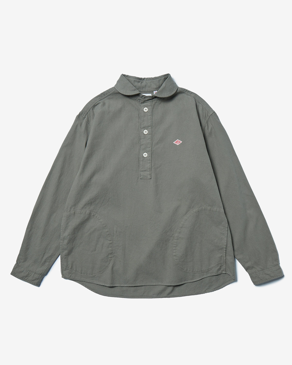 Mens Oxford Round Collar Pullover Shirt Plain - Olive Chambray