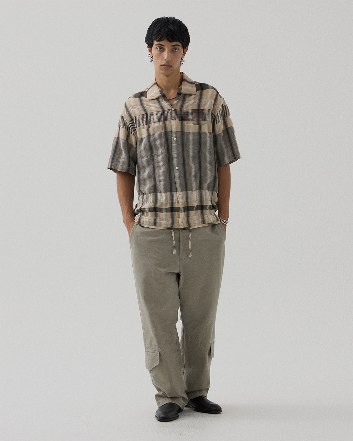 Drawstring Open Collar Shirt - Beige & Black Check