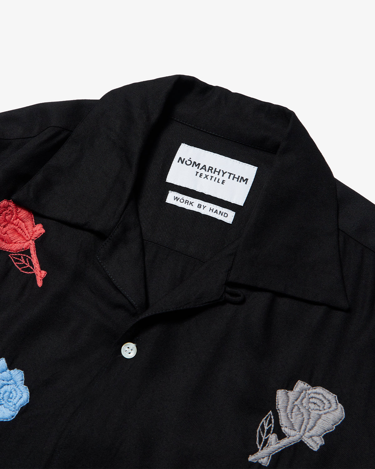 Rose Embroidery Open Collar Shirt - Black