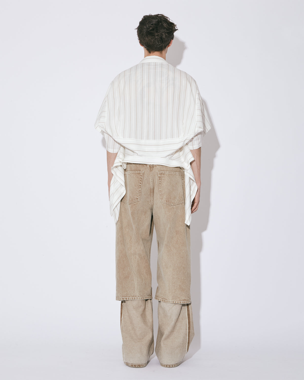 Double End Cotton Silk Jq Stripe Shirt - Ecru × Camel