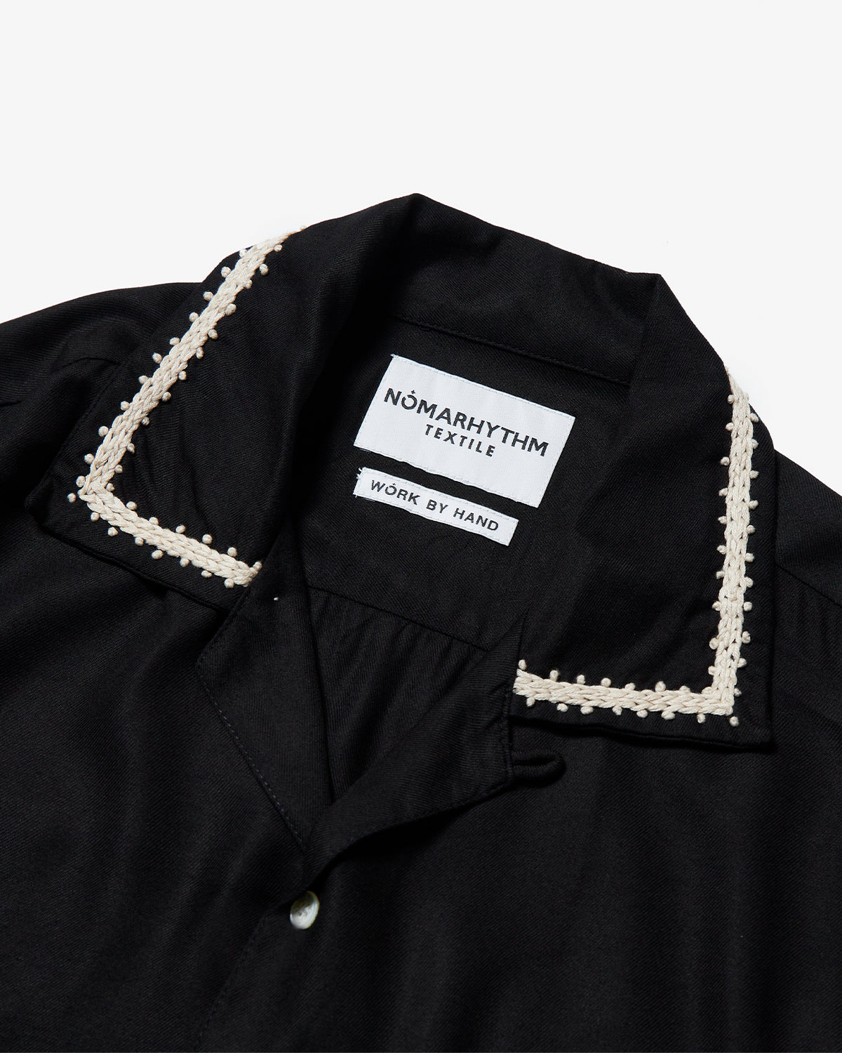 Trim Embroidery Open Collar Shirt - Black