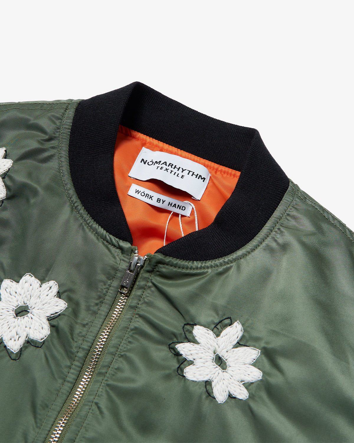 Flower Embroidery Flight Jacket - Olive x White