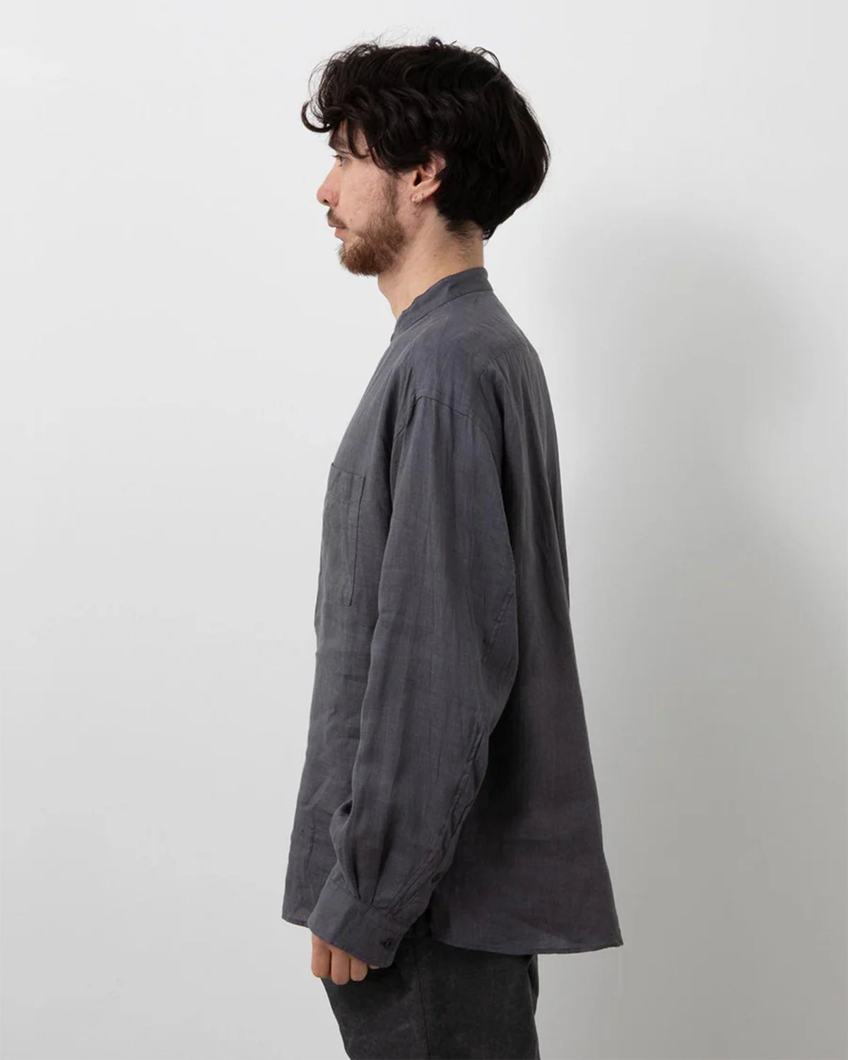 Officer Stand Collar L/S Shirt Linen Canvas - Charcoal