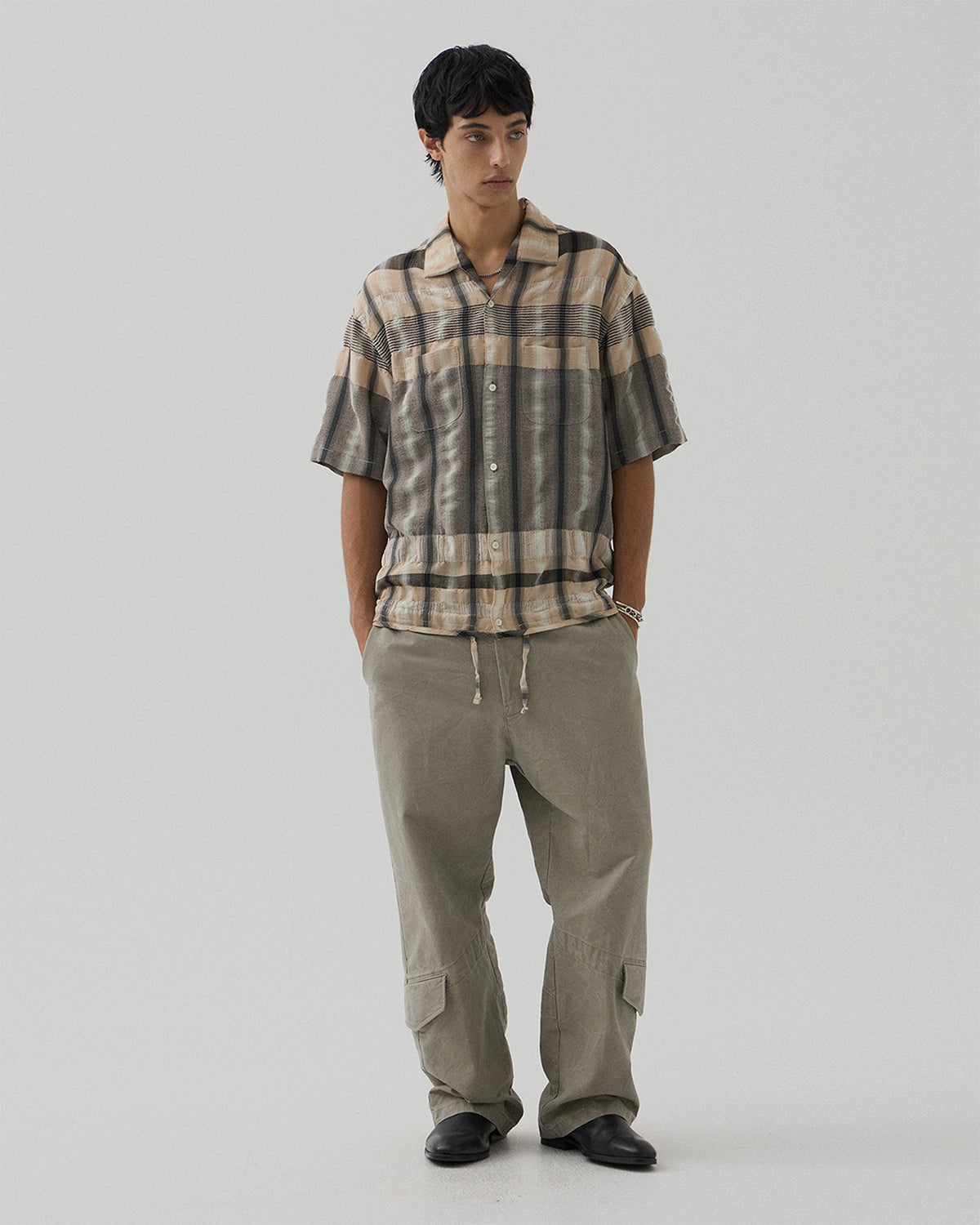 Drawstring Open Collar Shirt - Beige & Black Check