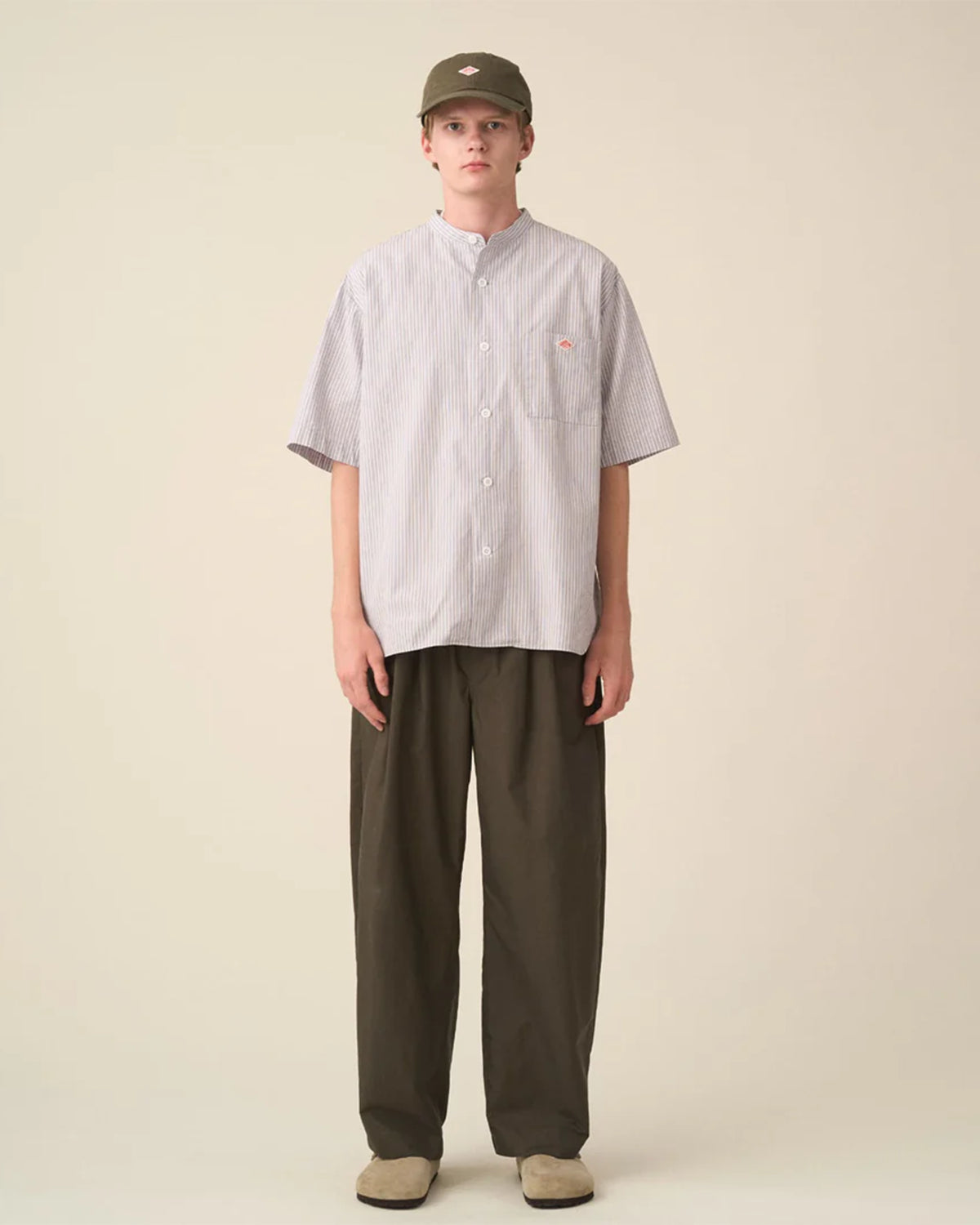 Mens Cotton Linen Short Sleeve Band Collar Shirt Stripe - Ecru/Charcoal Stripe