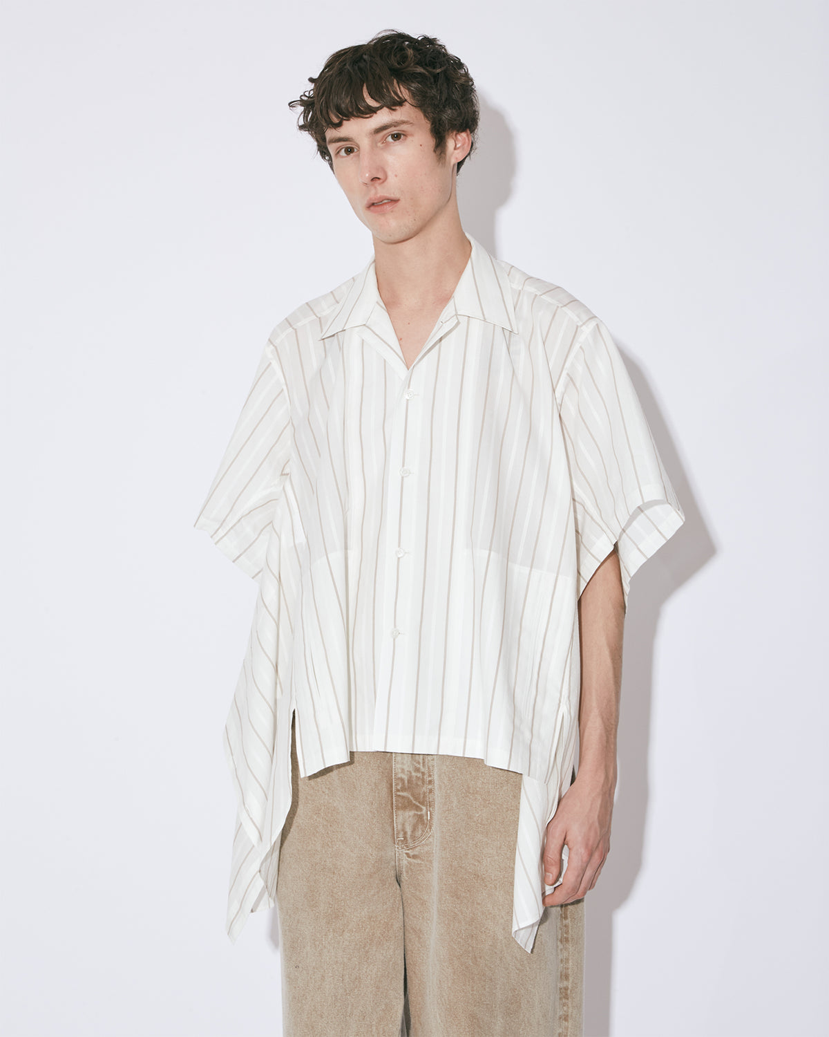Double End Cotton Silk Jq Stripe Shirt - Ecru × Camel