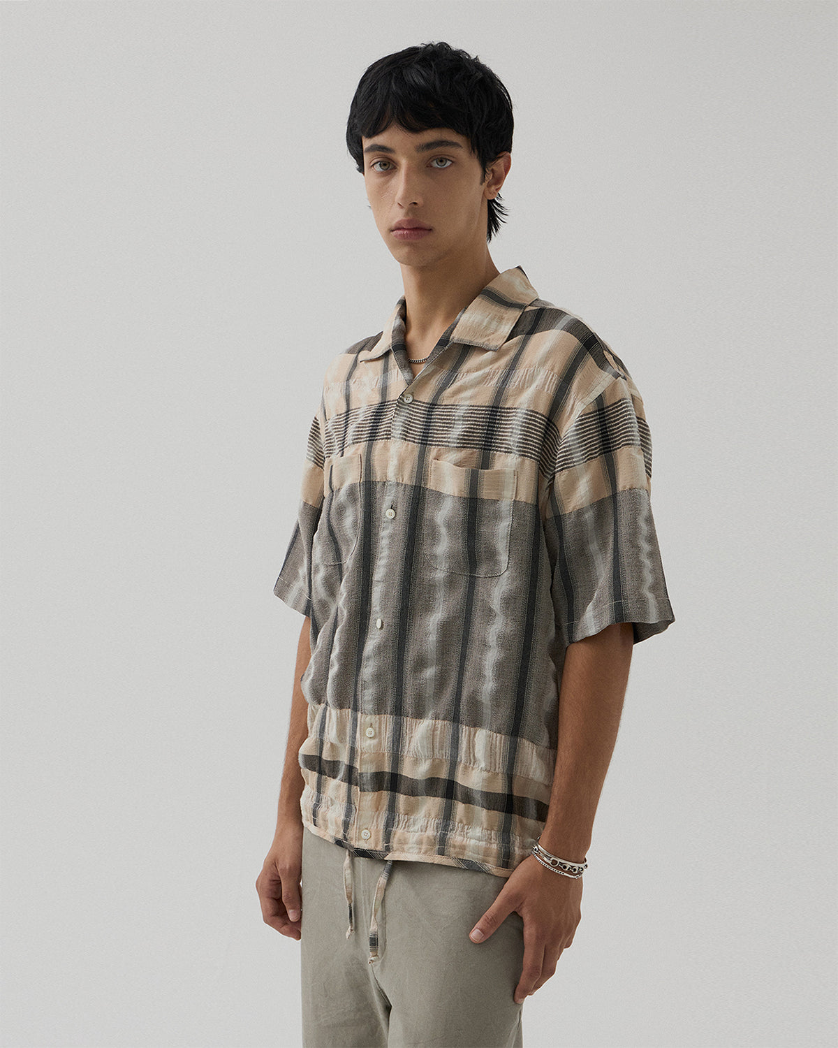 Drawstring Open Collar Shirt - Beige & Black Check