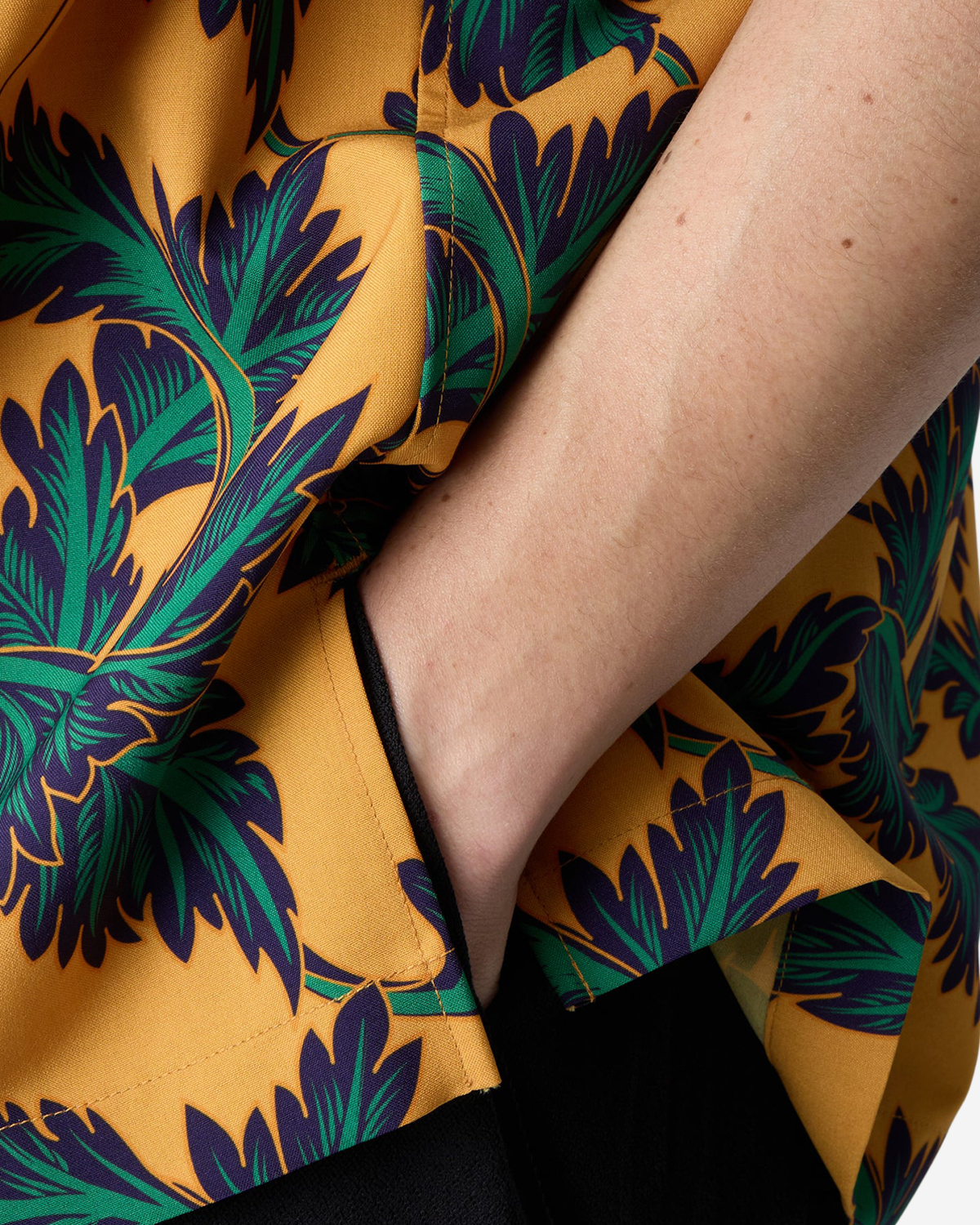 Botanical Pattern Open Collar Shirt - Mustard