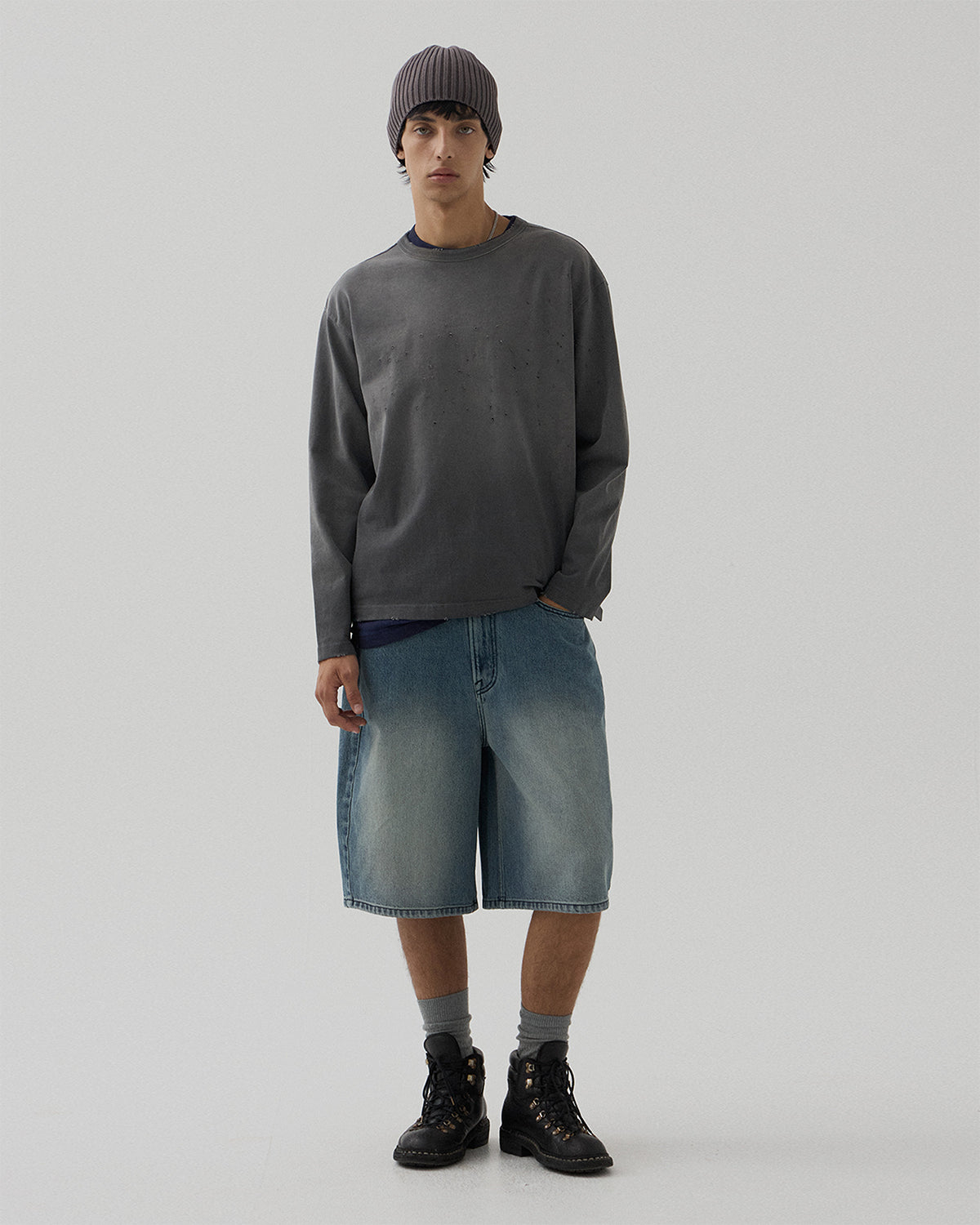Curved Wide Denim Shorts - Dark Blue