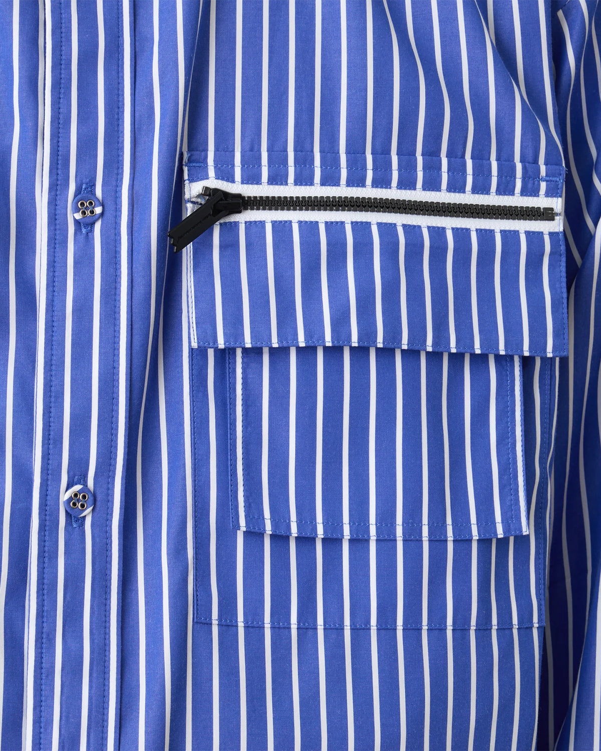 Band Collar Stripe Multi Pocket Shirt - Blue