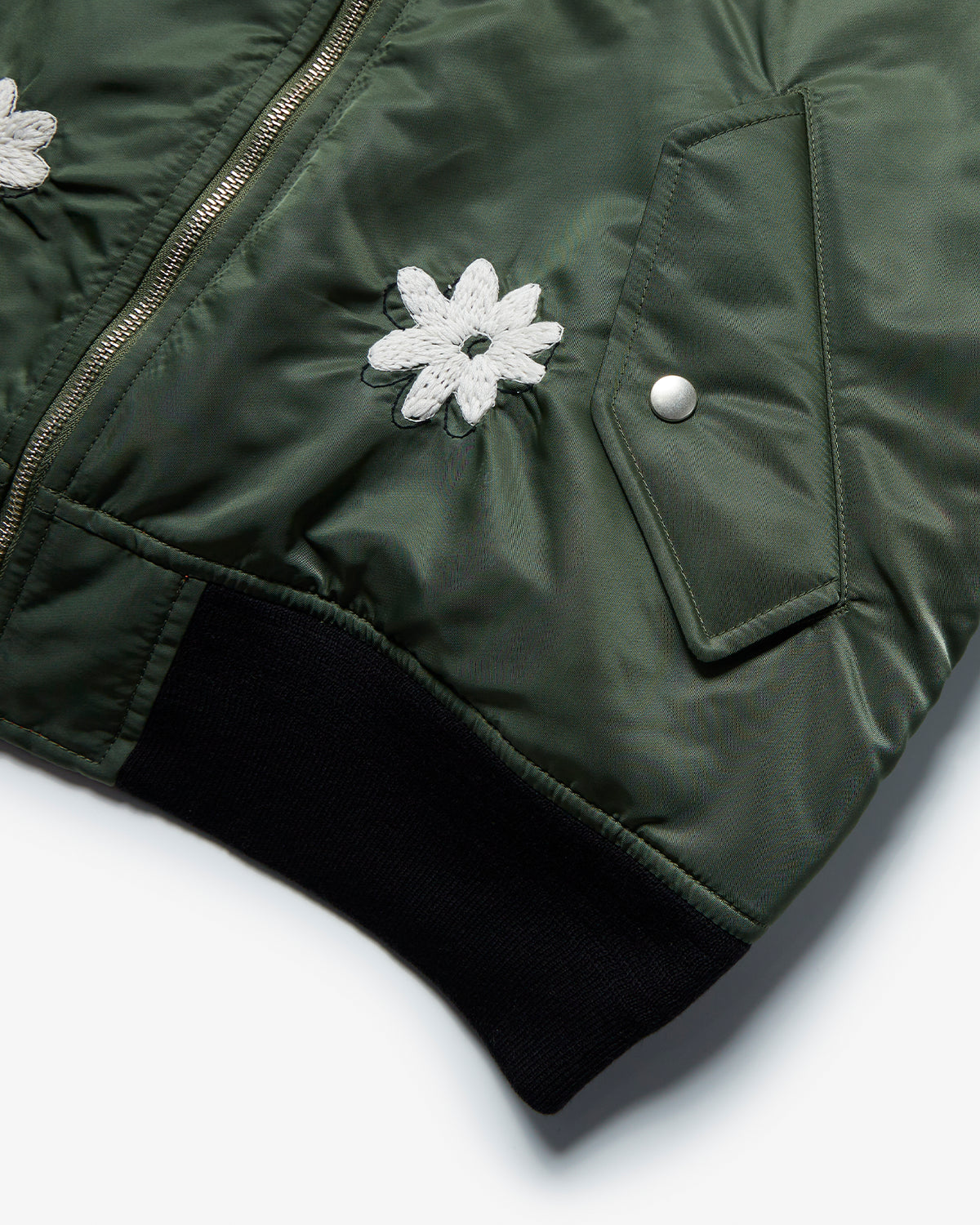 Flower Embroidery Flight Jacket - Olive x White