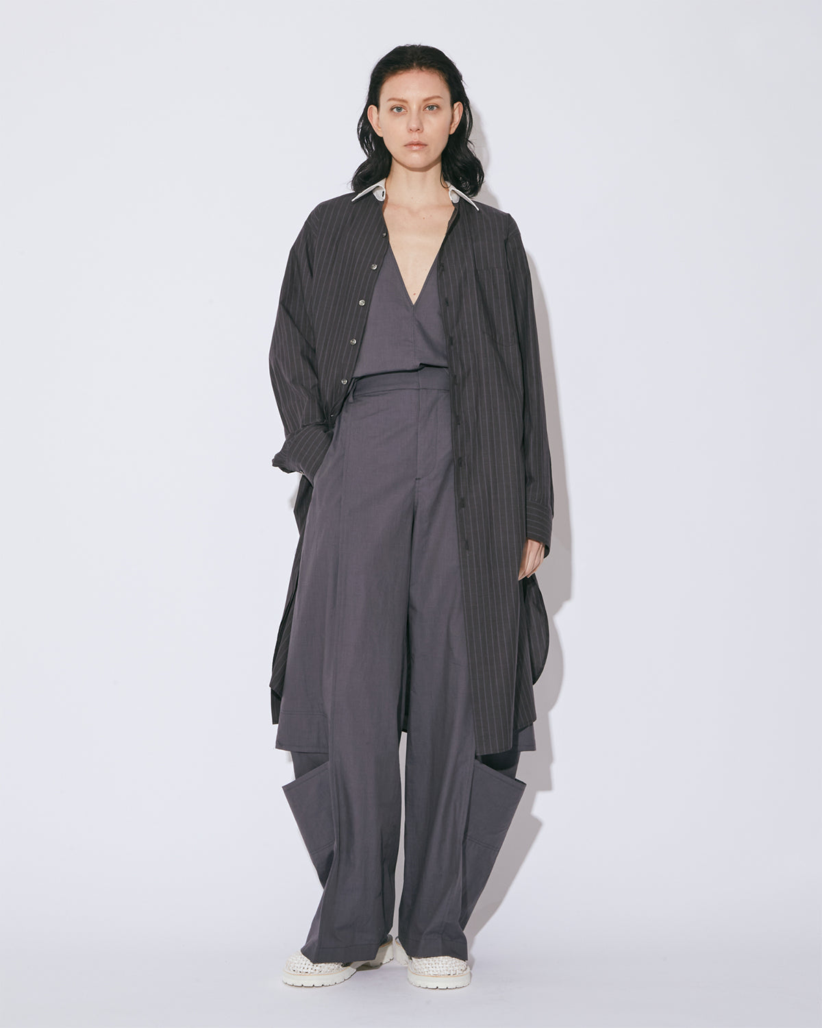 Double Front Cotton Suiting Shirt Dress - Charcoal
