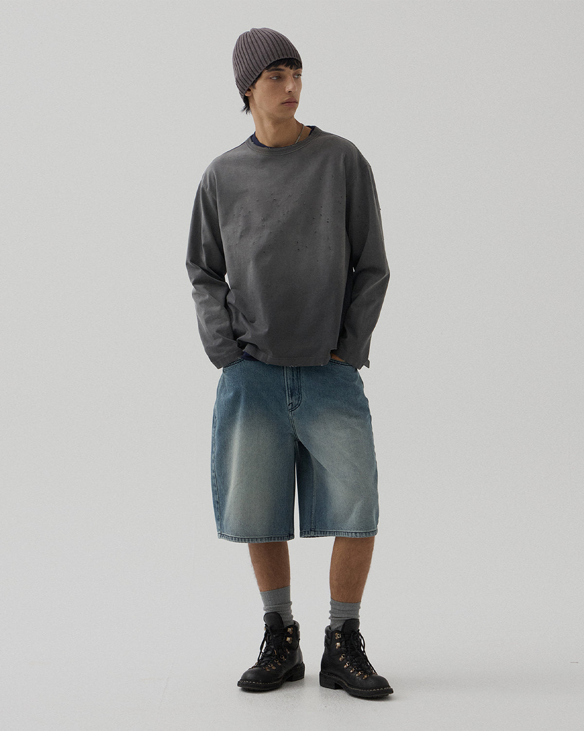 Curved Wide Denim Shorts - Dark Blue