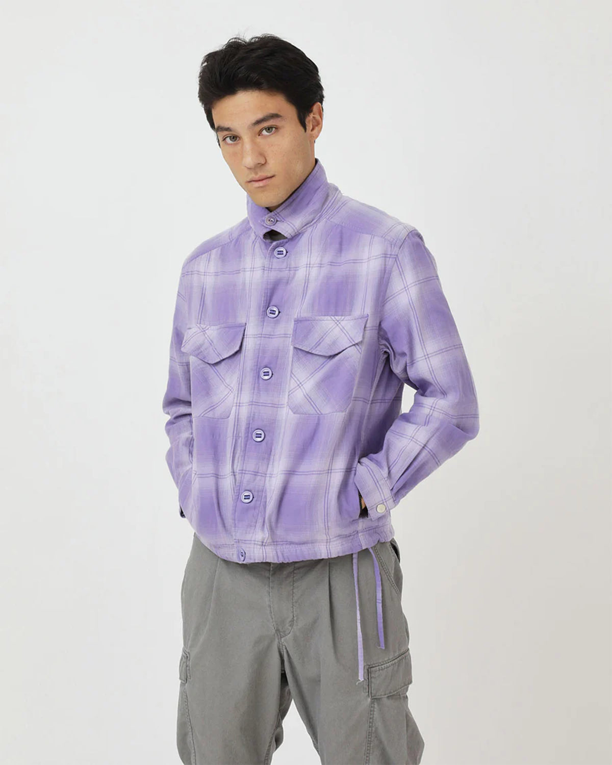 Trooper Shirt Jacket Cotton Twill Ombre Check By Rafu - Lilac