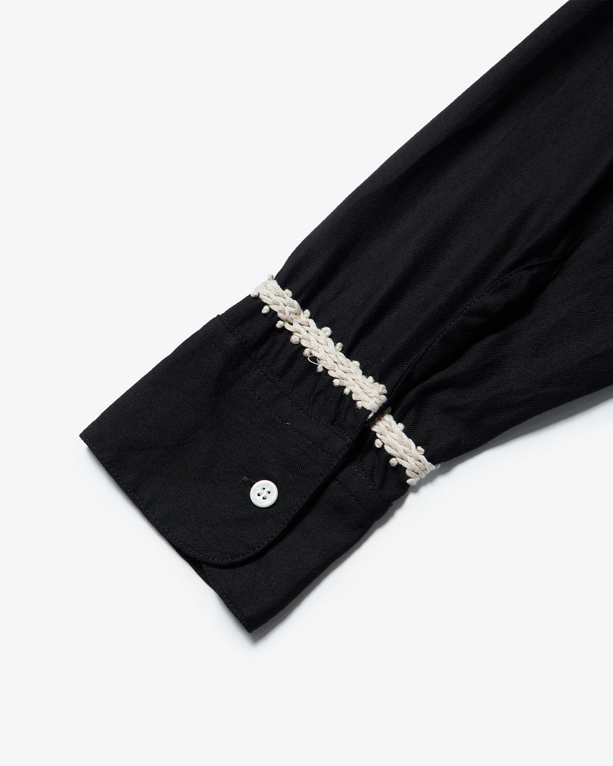 Trim Embroidery Open Collar Shirt - Black