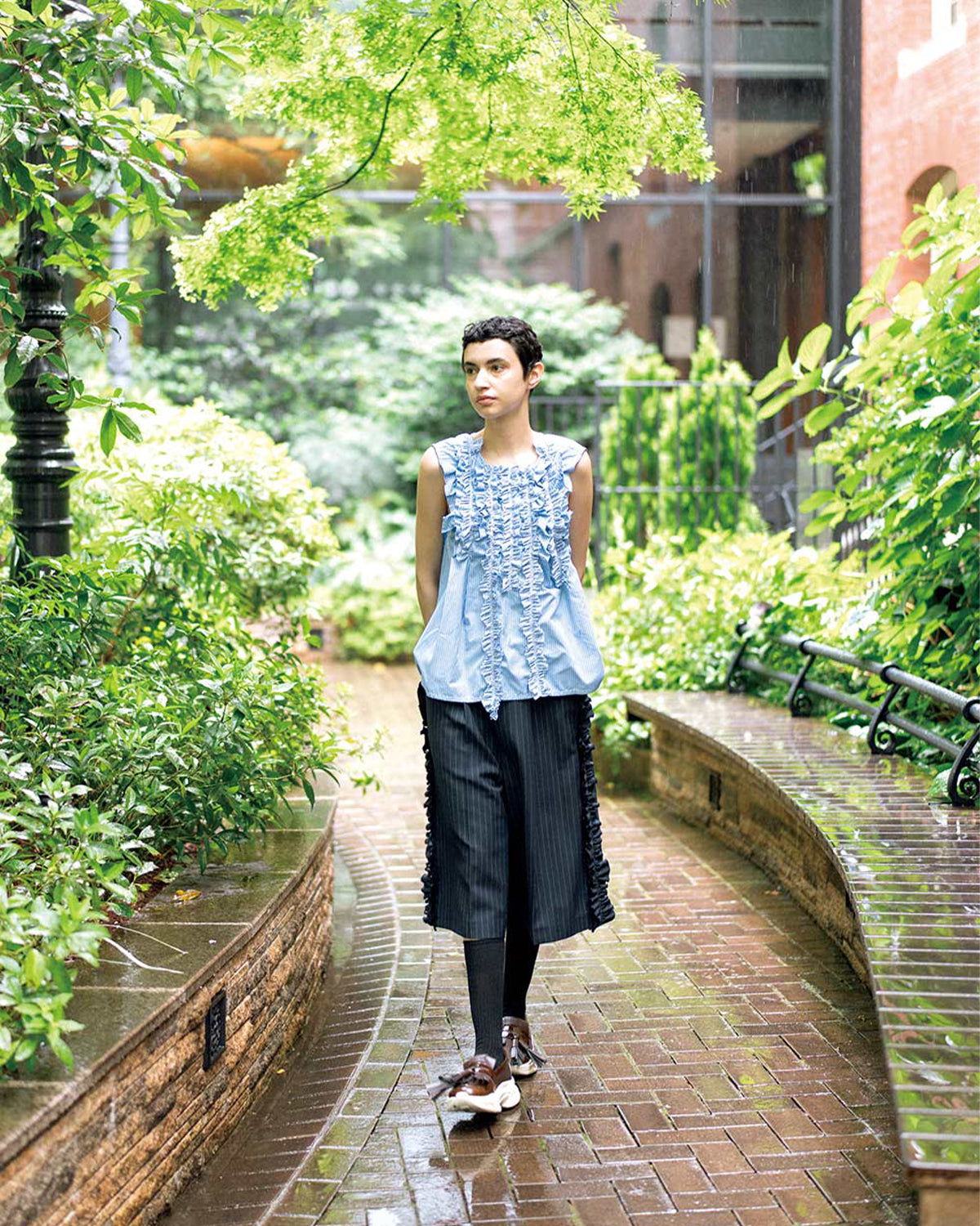 Three Quarters Frill Side Pant - Gabardine - Navy