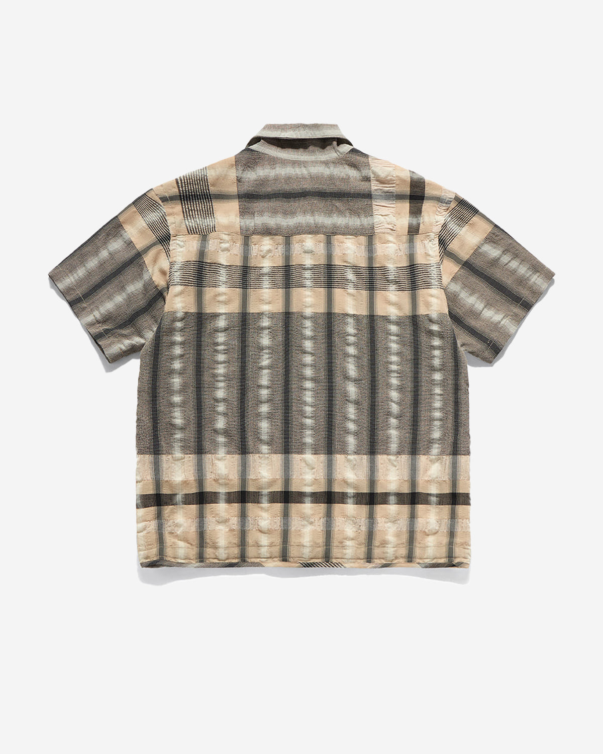 Drawstring Open Collar Shirt - Beige & Black Check