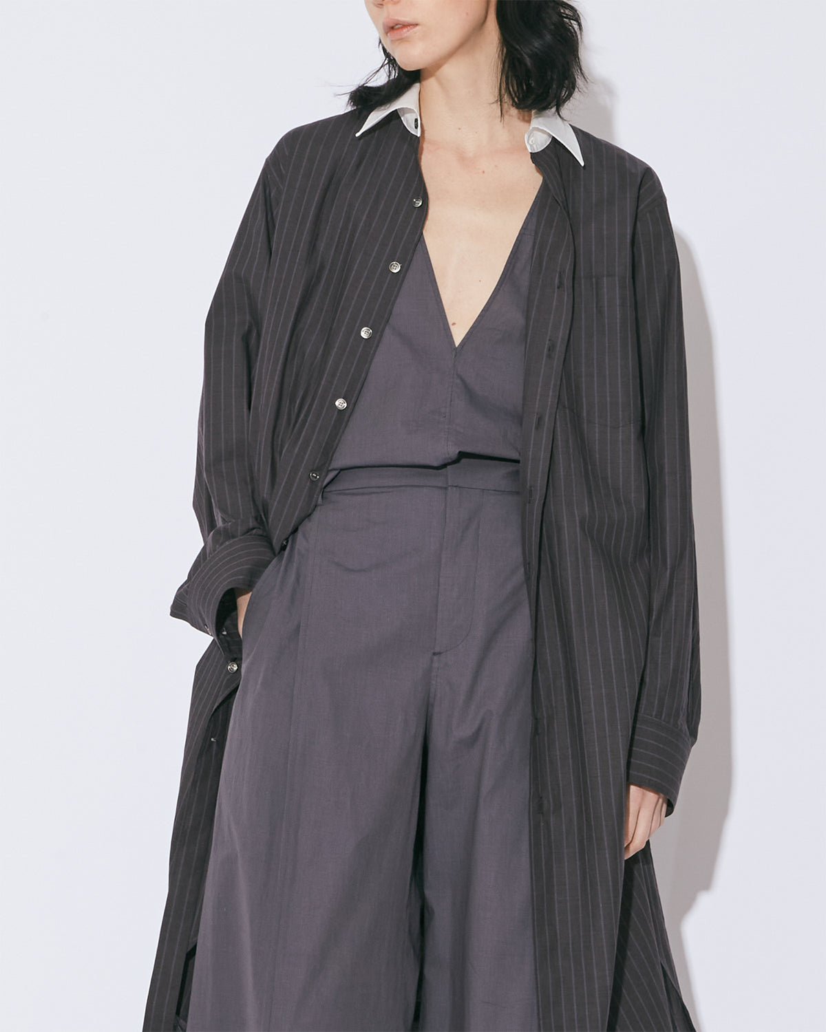 Double Front Cotton Suiting Shirt Dress - Charcoal
