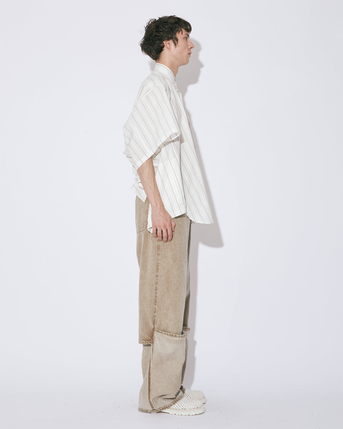 Double End Cotton Silk Jq Stripe Shirt - Ecru × Camel