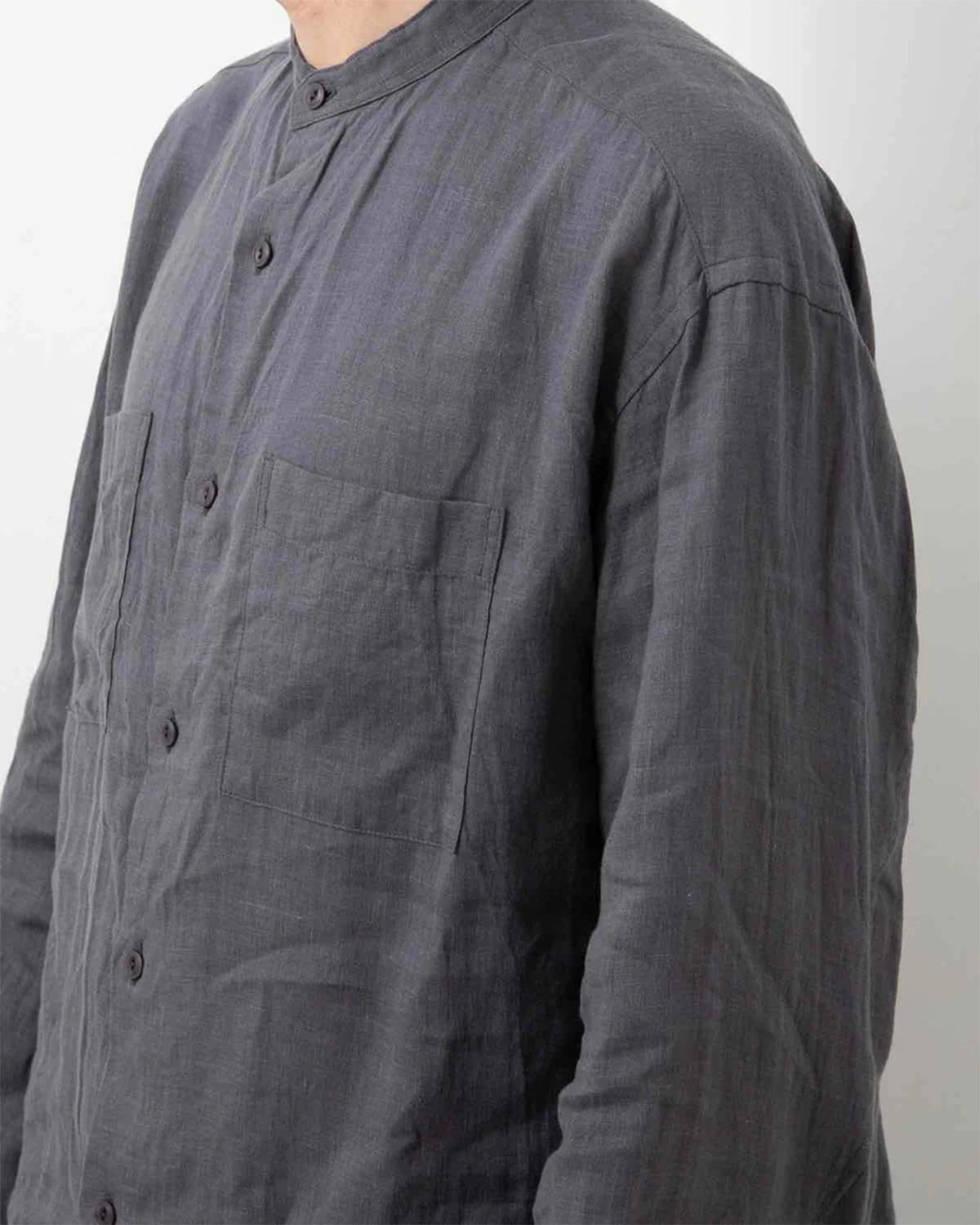Officer Stand Collar L/S Shirt Linen Canvas - Charcoal