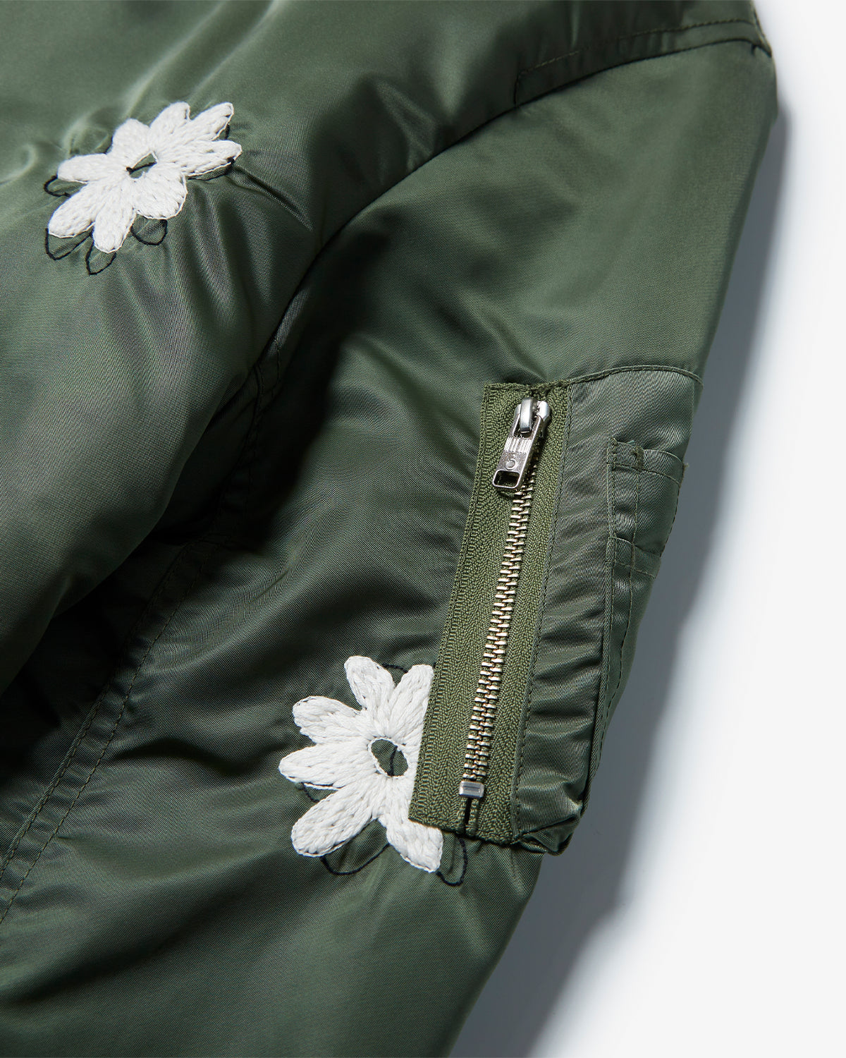 Flower Embroidery Flight Jacket - Olive x White