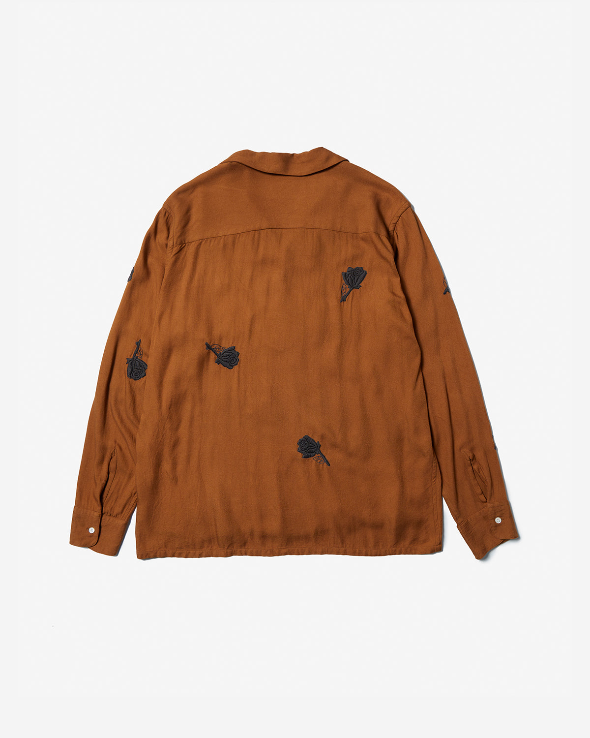 Rose Embroidery Open Collar Shirt - Walnut