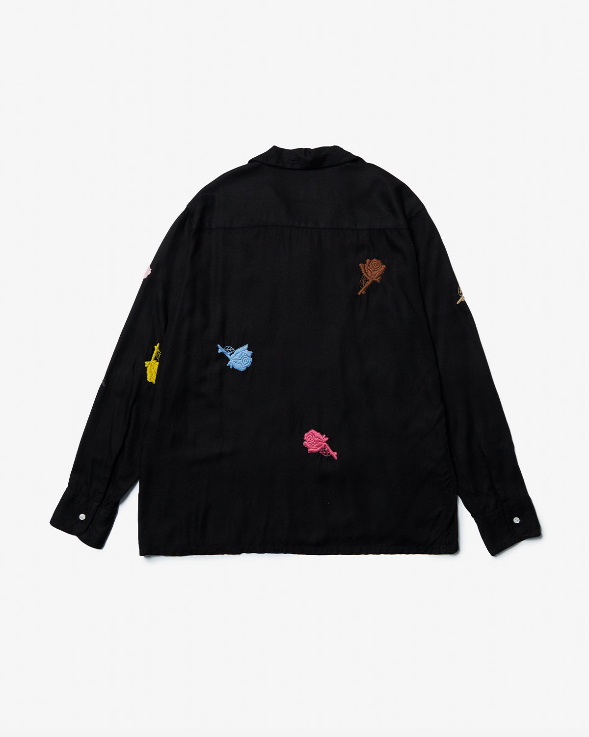 Rose Embroidery Open Collar Shirt - Black