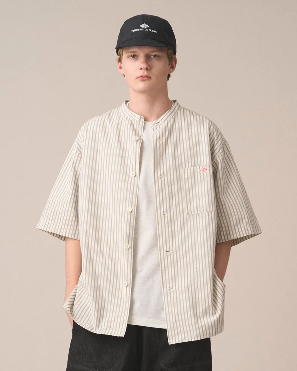 Mens Cotton Linen Short Sleeve Band Collar Shirt Stripe - Ecru/Charcoal Stripe