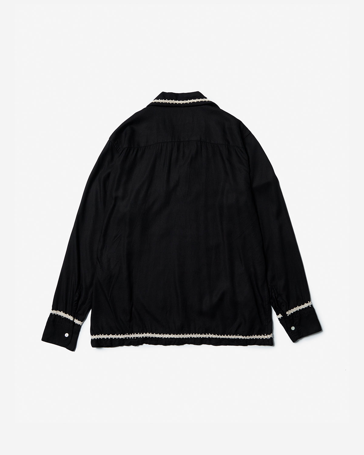 Trim Embroidery Open Collar Shirt - Black