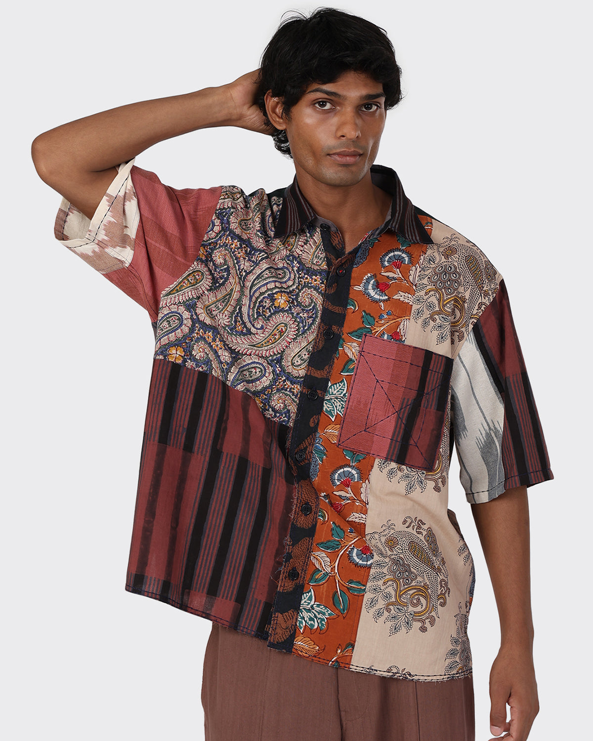 Yuto - Oversized 12 Panel Patchwork Shirt With Raw Edge Details - Multi