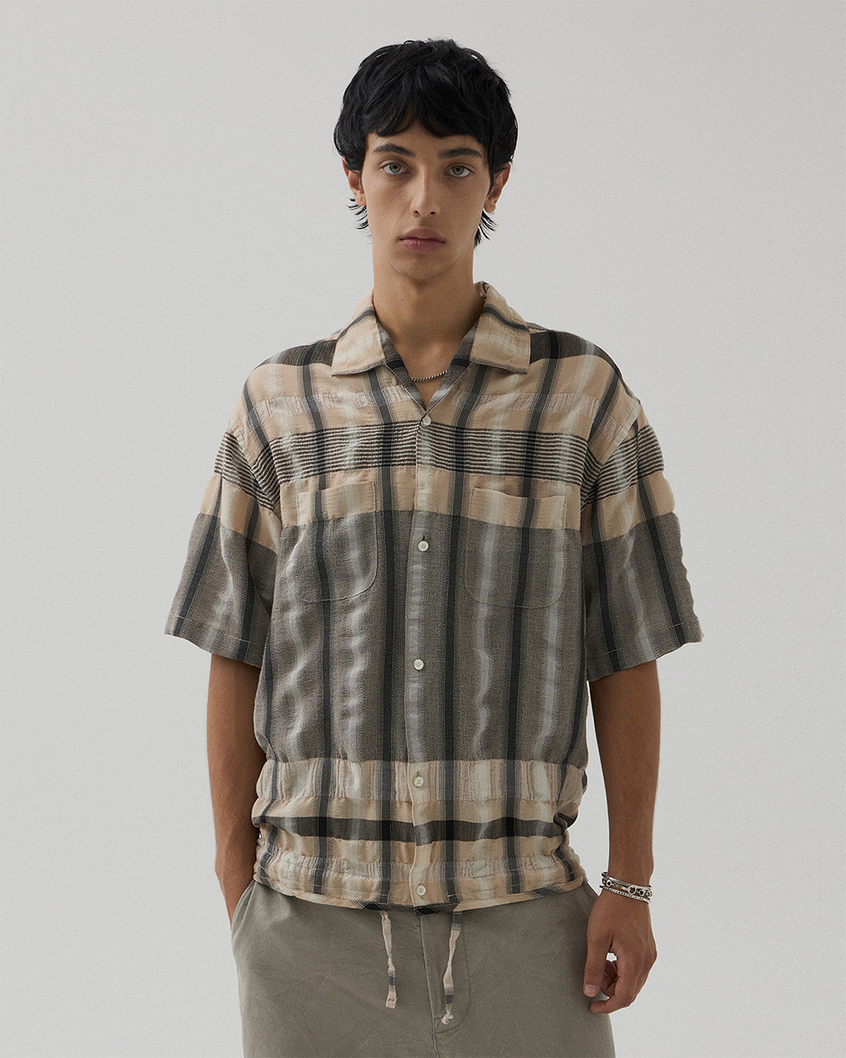 Drawstring Open Collar Shirt - Beige & Black Check