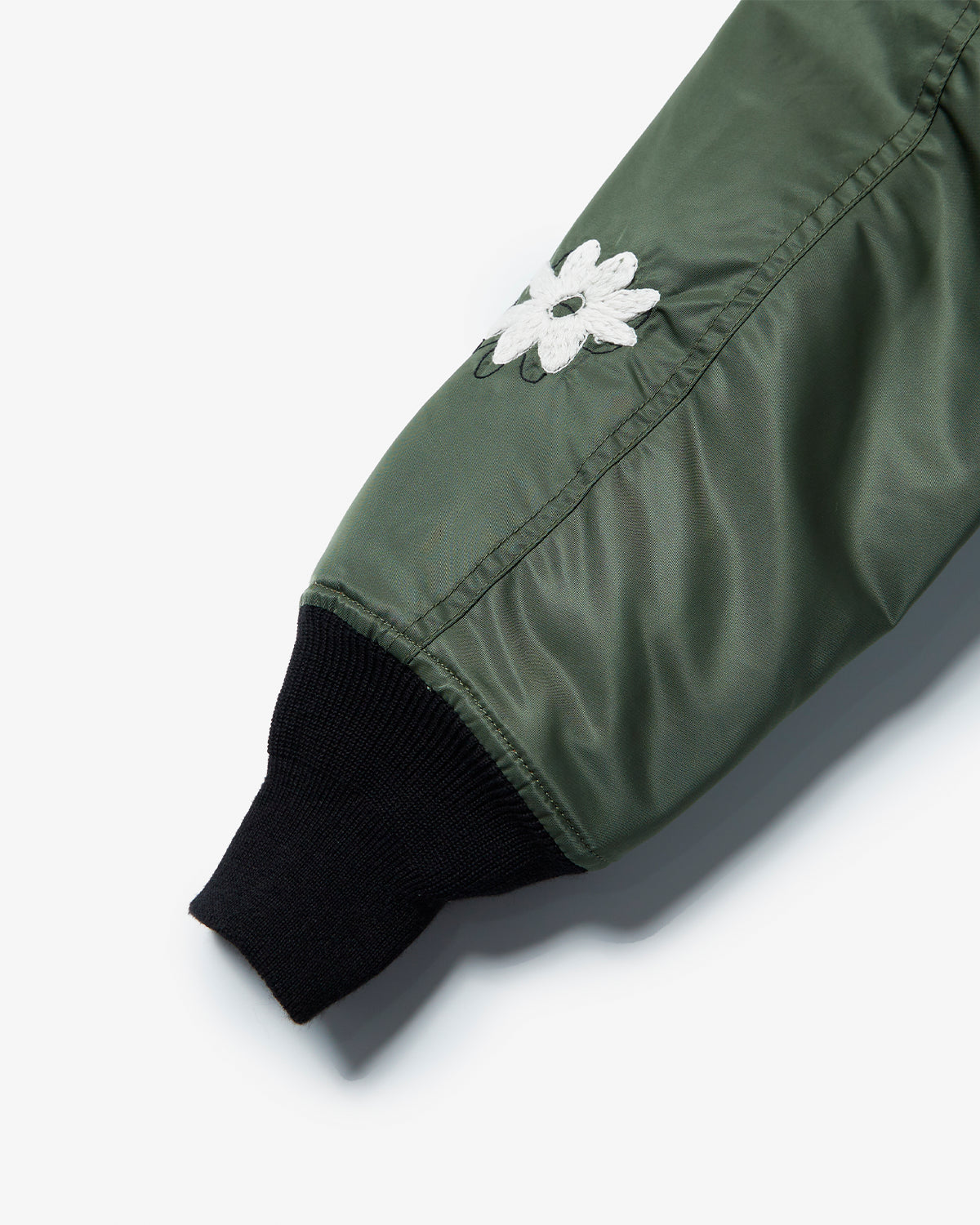 Flower Embroidery Flight Jacket - Olive x White