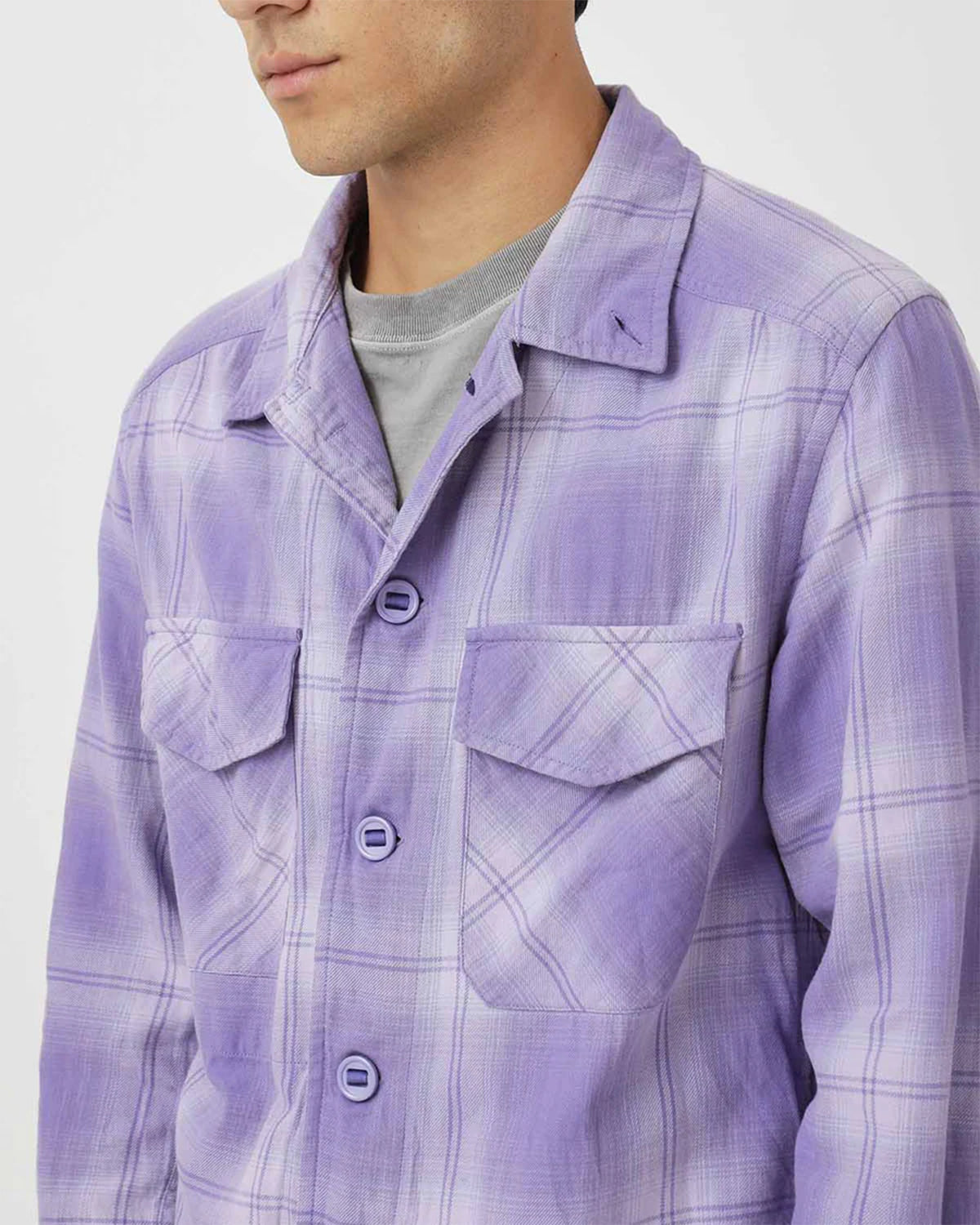 Trooper Shirt Jacket Cotton Twill Ombre Check By Rafu - Lilac