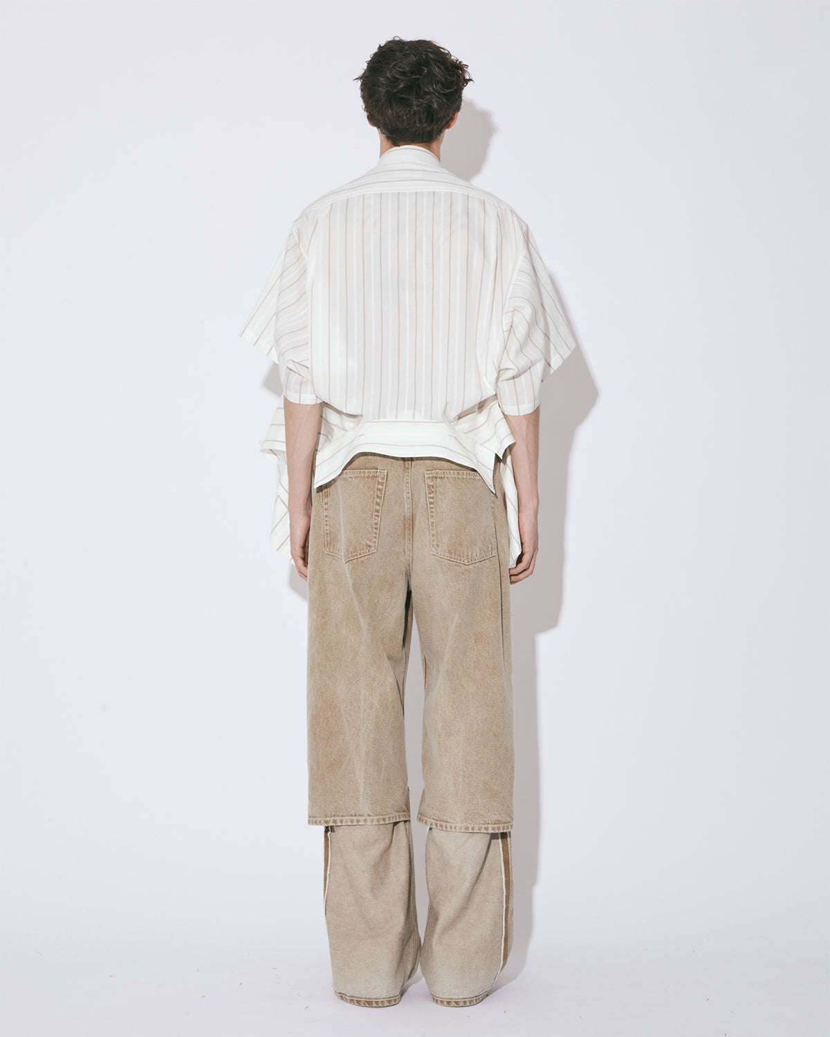 Double End Cotton Silk Jq Stripe Shirt - Ecru × Camel