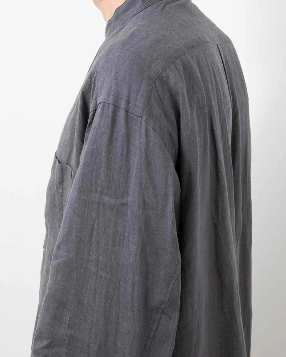 Officer Stand Collar L/S Shirt Linen Canvas - Charcoal