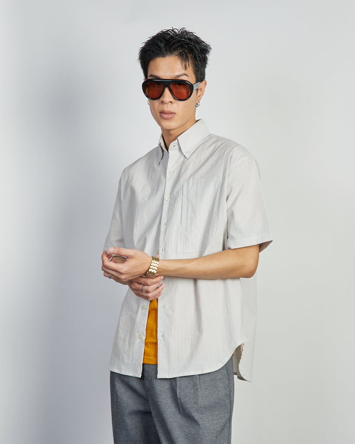 Cooper Shirt - Coolmax Button down Short Sleeve Shirt PolyCotton - Gray Stripes Seersucker